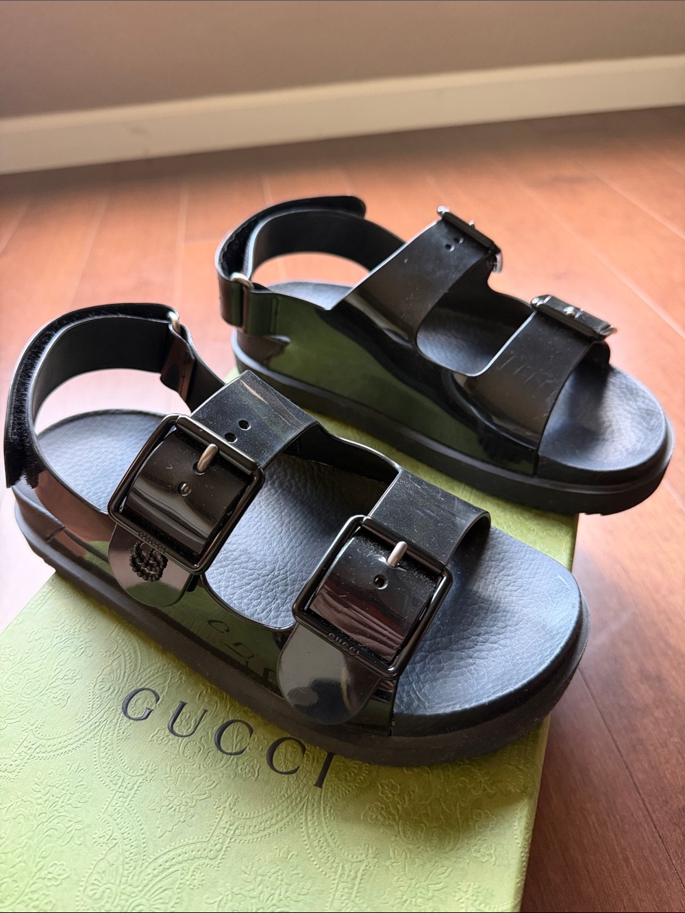 Gucci Black Double G Rubber Buckle Sandals | Size 37 | Box & Dust Bags
